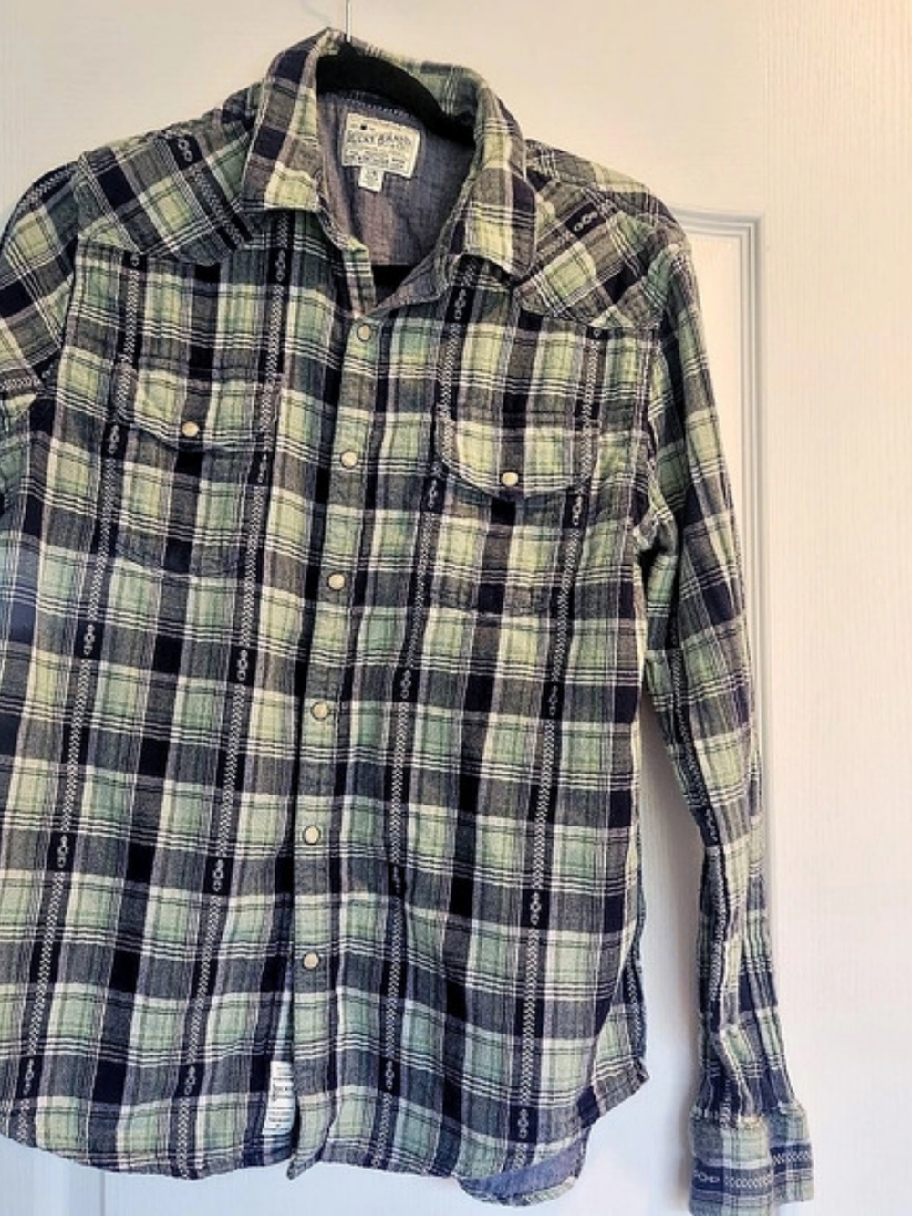 Lucky Brand Western Pearl Snap Plaid Shirt Green & Blue Large EUC